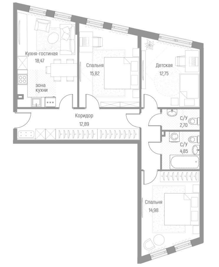 Планировка — Эльйон, 3-комн., 87 м²