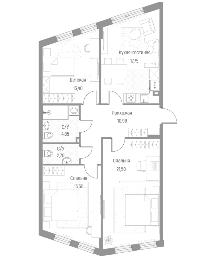 Планировка — Эльйон, 3-комн., 87 м²