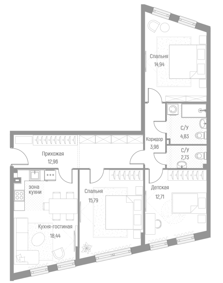Планировка — Эльйон, 3-комн., 86 м²