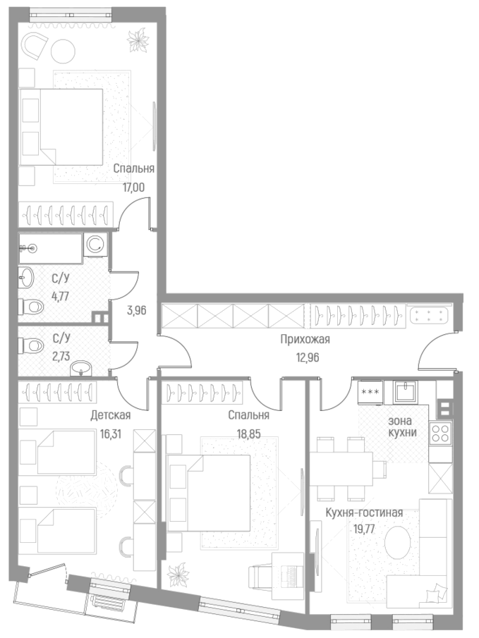 Планировка — Эльйон, 3-комн., 96 м²