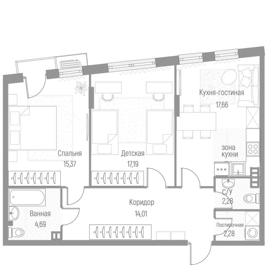 Планировка — Эльйон, 2-комн., 73 м²