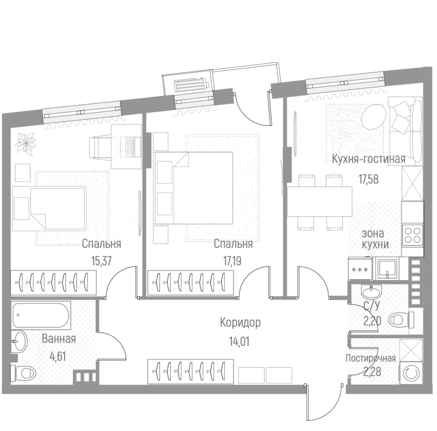 Планировка — Эльйон, 2-комн., 73 м²