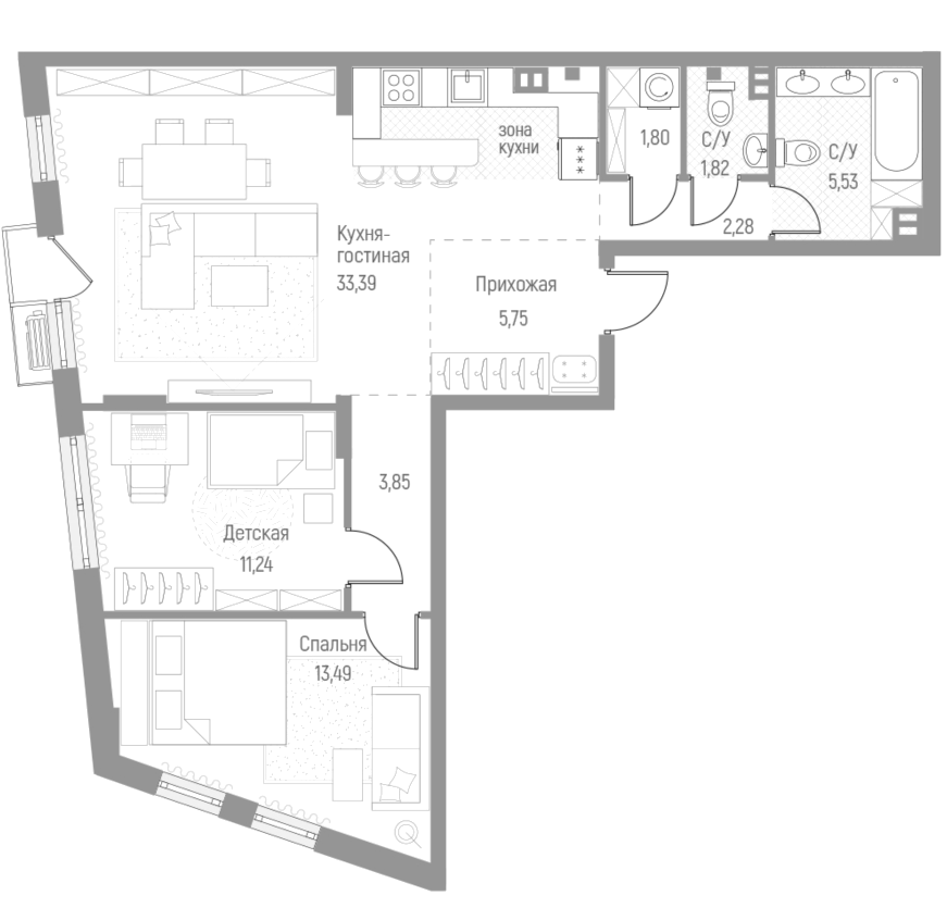 Планировка — Эльйон, 2-комн., 80 м²