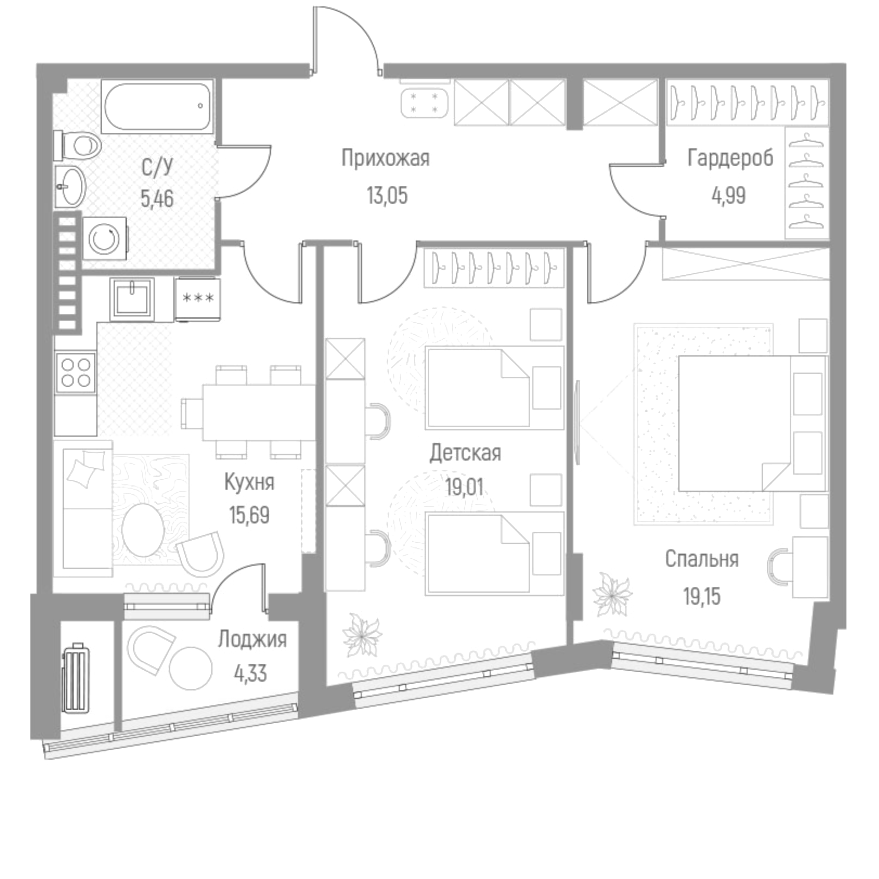 Планировка — Эльйон, 2-комн., 77 м²