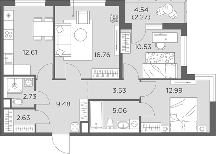 Планировка — Одинград, квартал Семейный, 3-комн., 76 м²