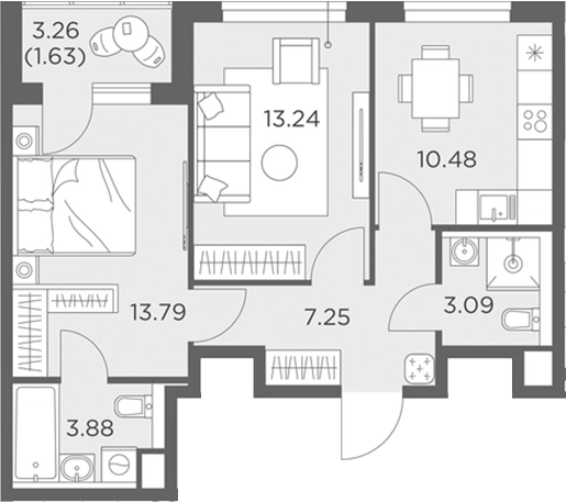Планировка — Одинград, квартал Семейный, 2-комн., 52 м²