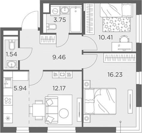 Планировка — Одинград, квартал Семейный, 3-комн., 60 м²