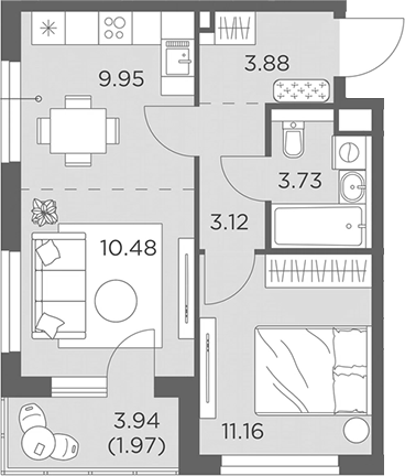 Планировка — Одинград, квартал Семейный, 2-комн., 42 м²