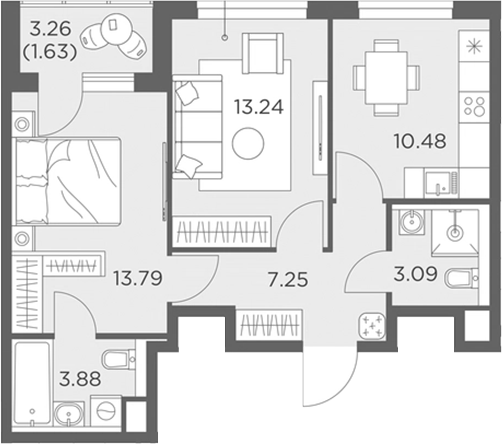 Планировка — Одинград, квартал Семейный, 2-комн., 52 м²