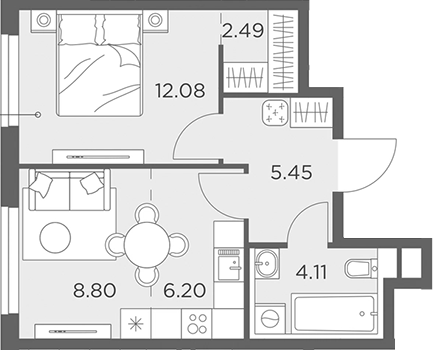 Планировка — Одинград, квартал Семейный, 2-комн., 39 м²
