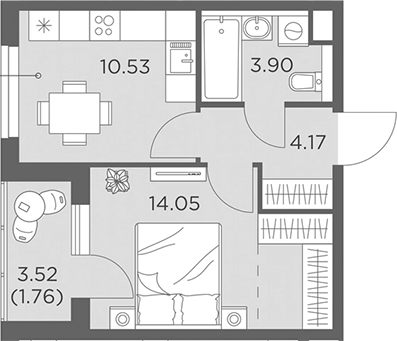 Планировка — Одинград, квартал Семейный, 1-комн., 33 м²