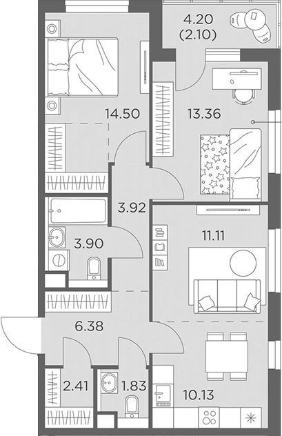 Планировка — Одинград, квартал Семейный, 3-комн., 68 м²