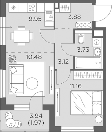 Планировка — Одинград, квартал Семейный, 2-комн., 42 м²
