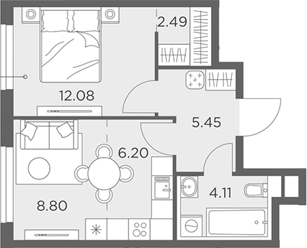 Планировка — Одинград, квартал Семейный, 2-комн., 39 м²