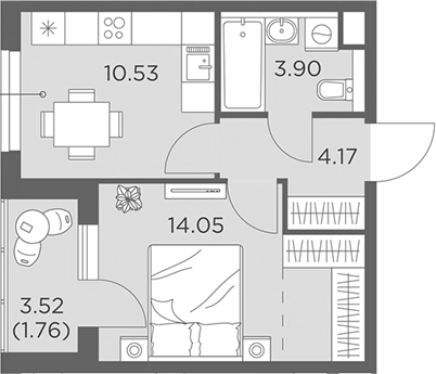 Планировка — Одинград, квартал Семейный, 1-комн., 33 м²