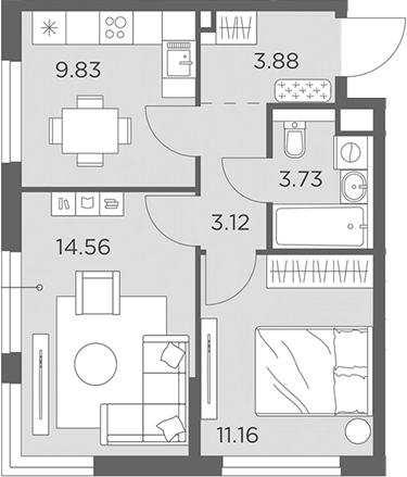 Планировка — Одинград, квартал Семейный, 2-комн., 46 м²
