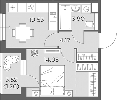 Планировка — Одинград, квартал Семейный, 1-комн., 33 м²