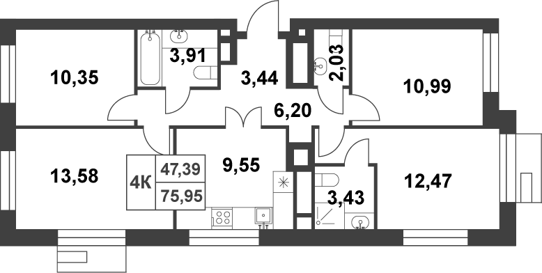 Планировка — Smart Garden, 4-комн., 76 м²