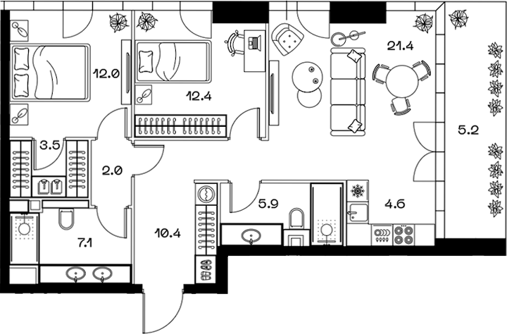 Планировка — ШИФТ, 3-комн., 80 м²
