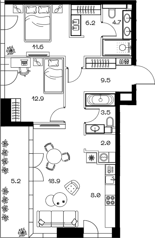 Планировка — ШИФТ, 3-комн., 77 м²