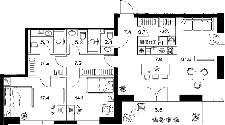 Планировка — ШИФТ, 3-комн., 111 м²