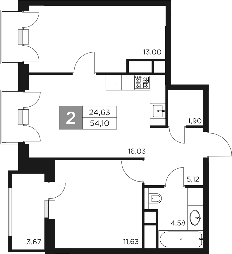 Планировка — Восток 2, 3-комн., 52 м²