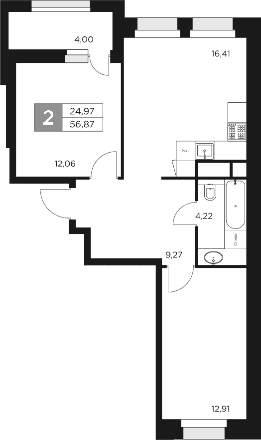 Планировка — Восток 2, 3-комн., 55 м²