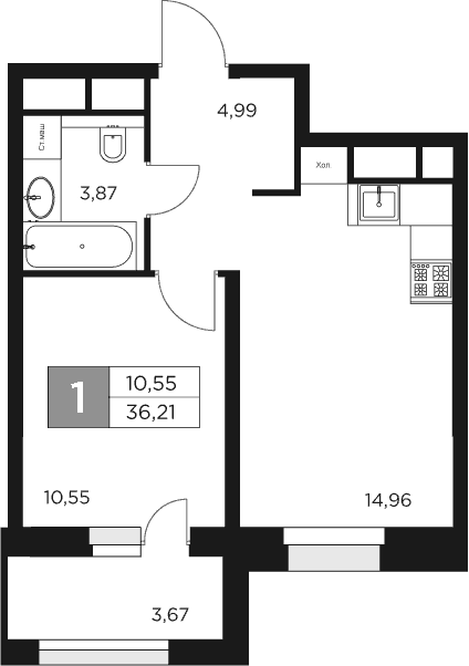 Планировка — Восток 2, 1-комн., 34 м²