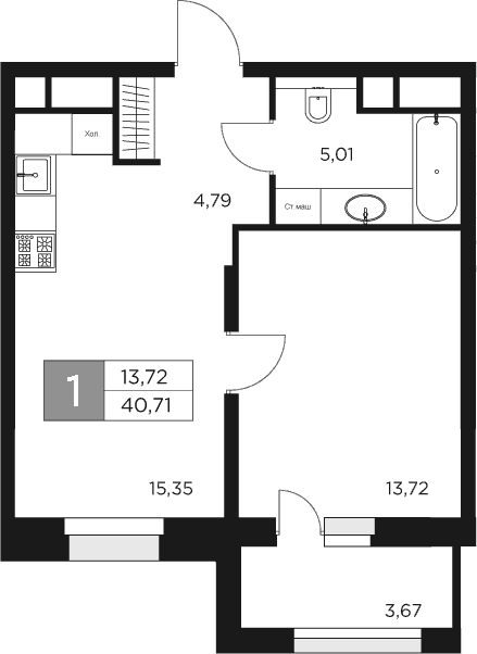 Планировка — Восток 2, 2-комн., 39 м²
