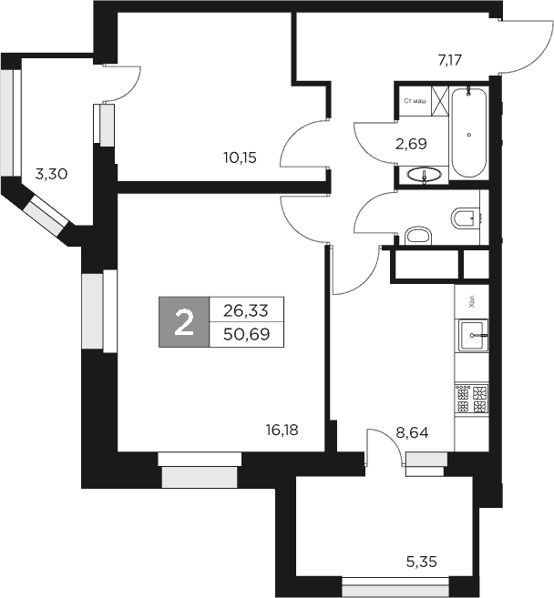 Планировка — Восток 2, 2-комн., 46 м²