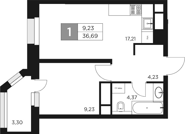 Планировка — Восток 2, 2-комн., 35 м²