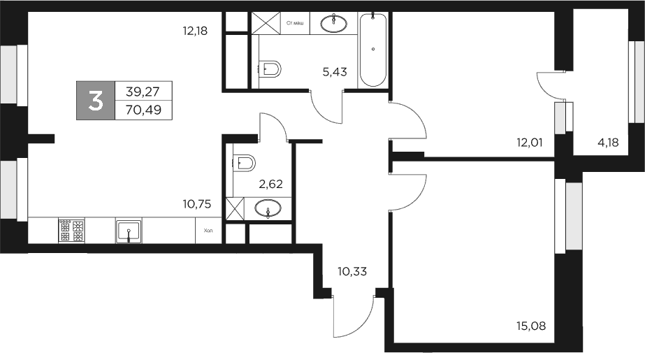 Планировка — Восток 2, 3-комн., 68 м²