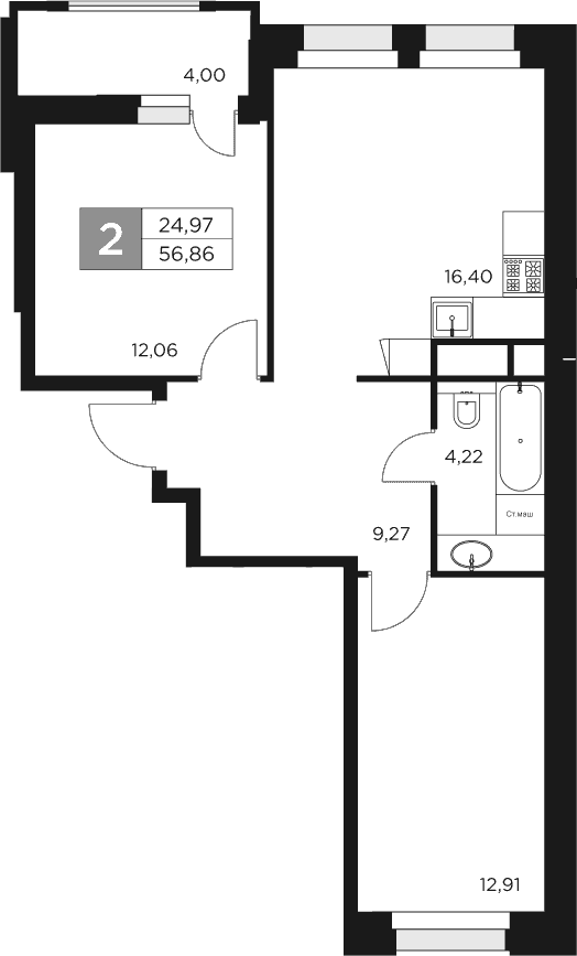Планировка — Восток 2, 3-комн., 55 м²