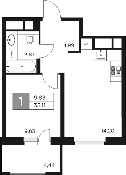 Планировка — Восток 2, 1-комн., 33 м²