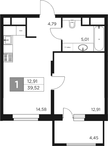 Планировка — Восток 2, 1-комн., 37 м²