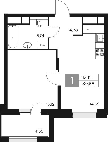 Планировка — Восток 2, 1-комн., 37 м²
