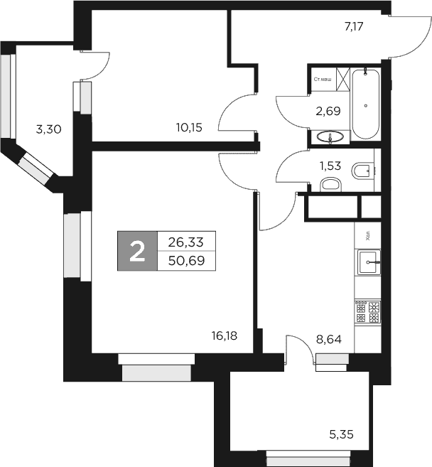 Планировка — Восток 2, 2-комн., 46 м²
