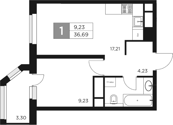 Планировка — Восток 2, 2-комн., 35 м²