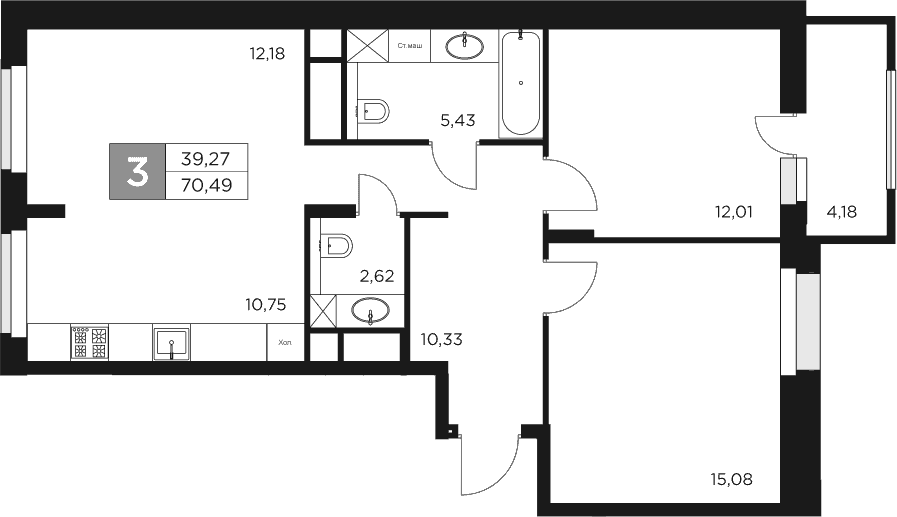 Планировка — Восток 2, 3-комн., 68 м²