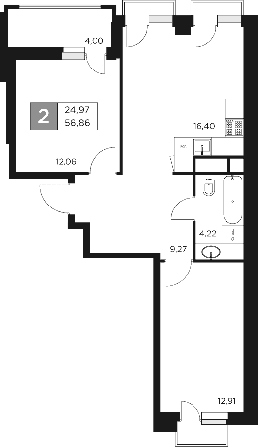 Планировка — Восток 2, 3-комн., 55 м²