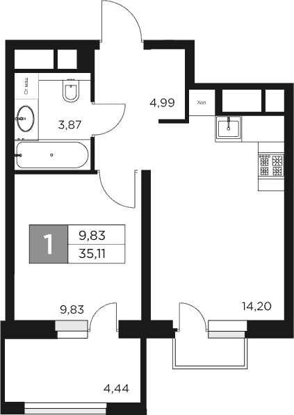 Планировка — Восток 2, 1-комн., 33 м²