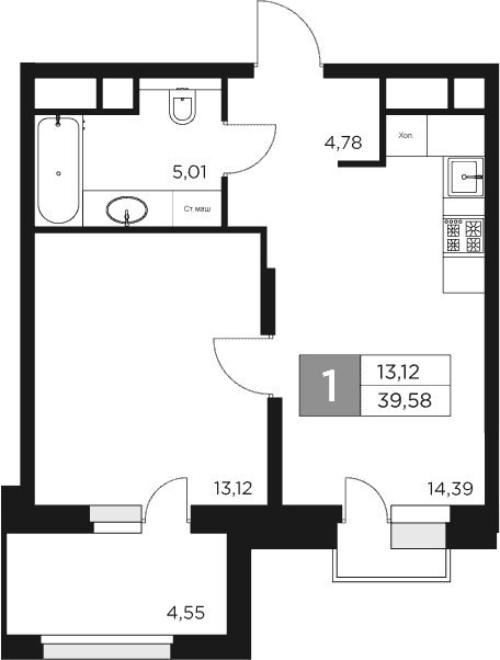 Планировка — Восток 2, 1-комн., 37 м²