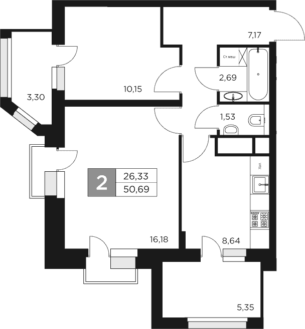 Планировка — Восток 2, 2-комн., 46 м²