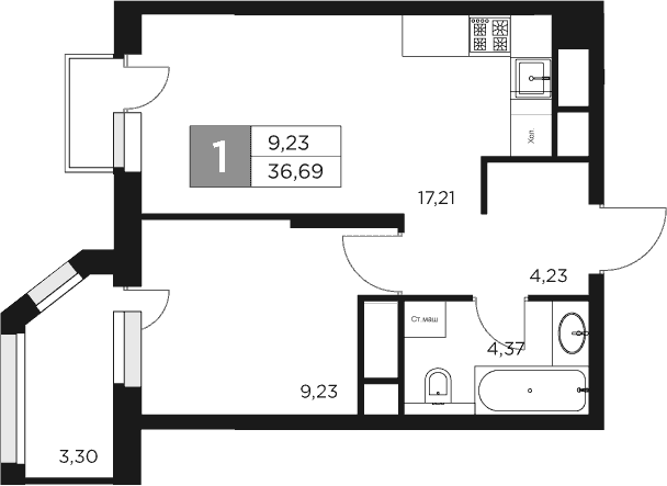Планировка — Восток 2, 2-комн., 35 м²