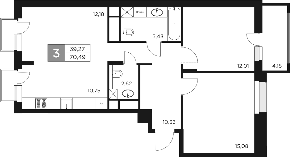 Планировка — Восток 2, 3-комн., 68 м²