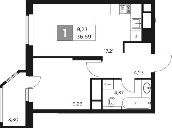 Планировка — Восток 2, 2-комн., 35 м²
