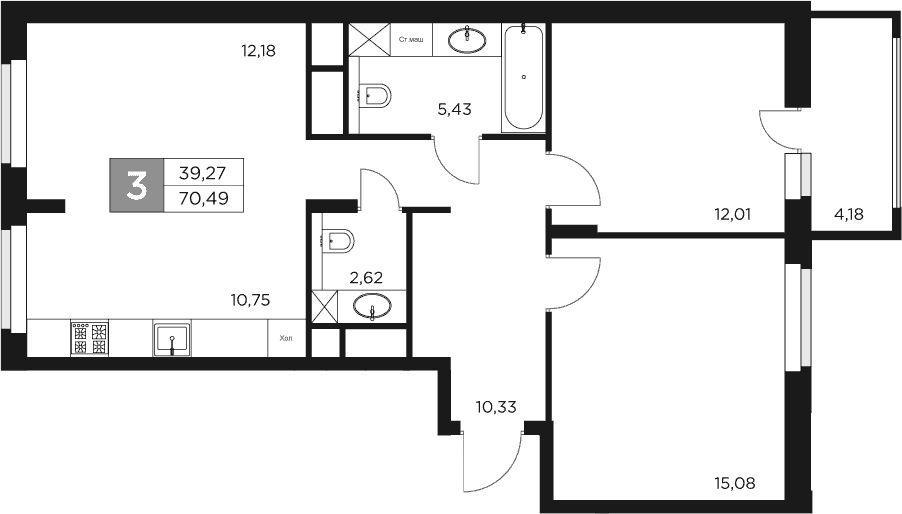 Планировка — Восток 2, 3-комн., 68 м²
