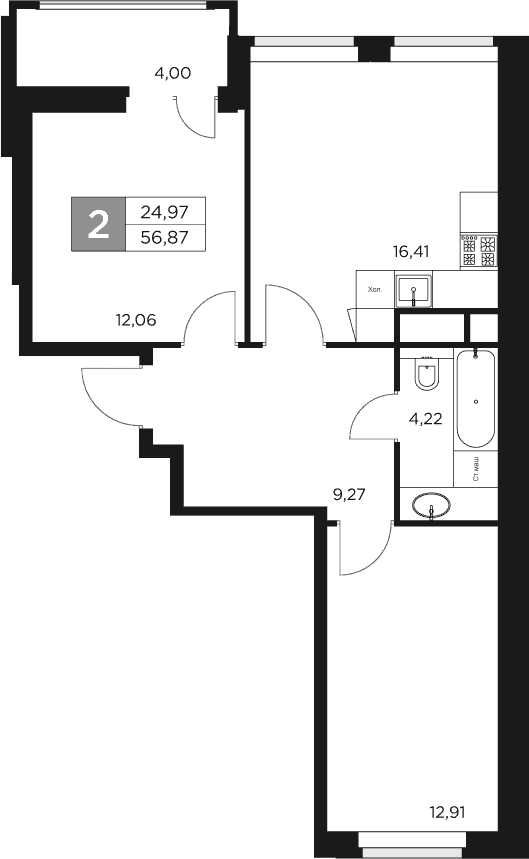 Планировка — Восток 2, 3-комн., 55 м²
