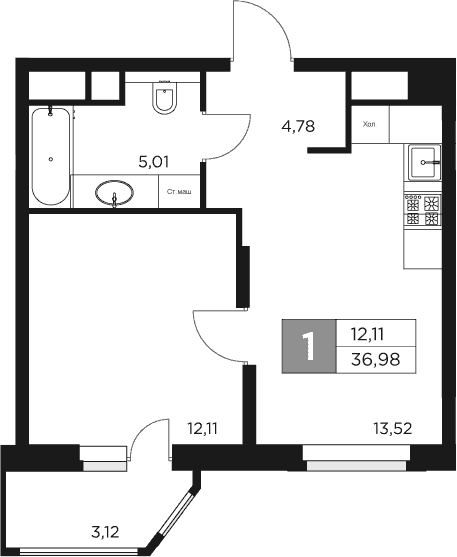Планировка — Восток 2, 1-комн., 35 м²