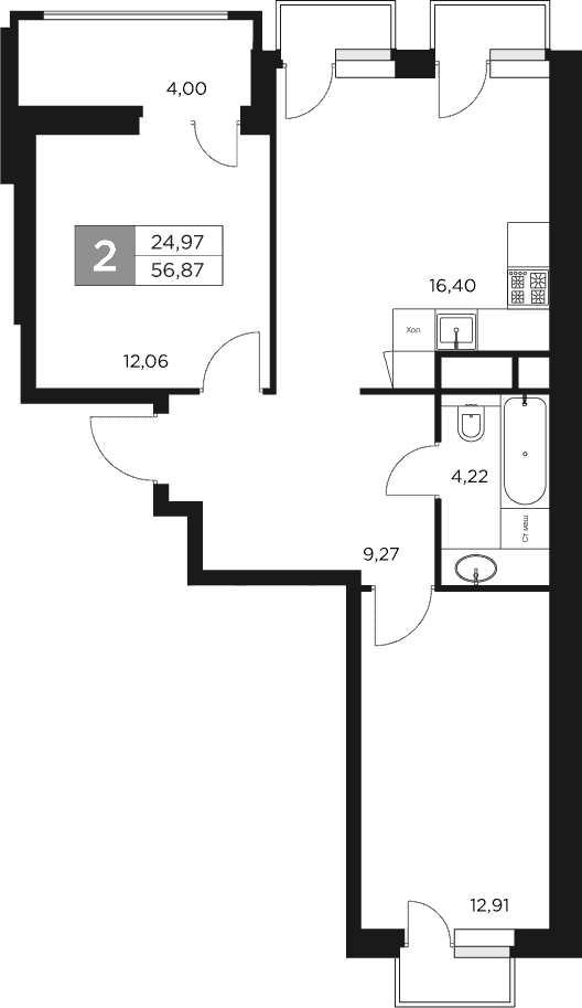 Планировка — Восток 2, 3-комн., 55 м²